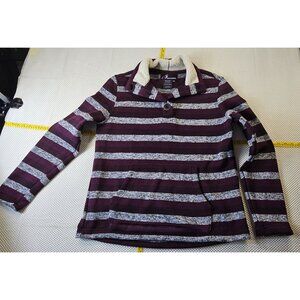 LS Apparel Striped Burgundy & Gray Pullover Sweater With Sherpa Collar & Button